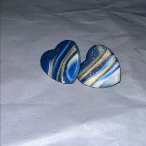 Handmade Clay Blue and Gold Heart Earrings